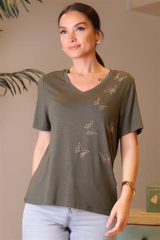 KELEBEK İŞLEMELİ KISA KOLLU HAKİ KADIN BLUZ 047-2Y4