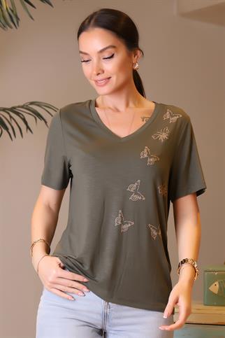 KELEBEK İŞLEMELİ KISA KOLLU HAKİ KADIN BLUZ 047-2Y4