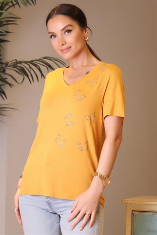 KELEBEK İŞLEMELİ KISA KOLLU HARDAL KADIN BLUZ 047-2Y4