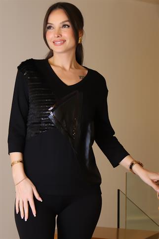 PUL İŞLEMELİ SiYAH KADIN BLUZ 00711-2K5