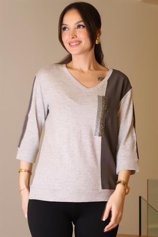 V YAKA KUMAŞ DETAYLI GRİ KADIN BLUZ 00726-2K5