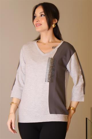 V YAKA KUMAŞ DETAYLI GRİ KADIN BLUZ 00726-2K5