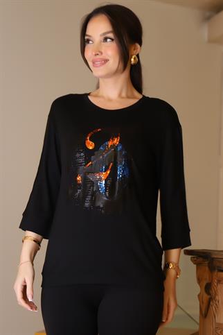 DESENLİ PUL İŞLEMELİ SİYAH KADIN BLUZ 00731-2K5