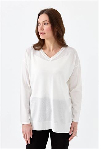 V YAKA FİTİLLİ EKRU  KADIN BLUZ 20352-2Y5