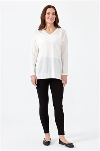 V YAKA FİTİLLİ EKRU  KADIN BLUZ 20352-2Y5