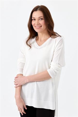 V YAKA FİTİLLİ EKRU  KADIN BLUZ 20352-2Y5