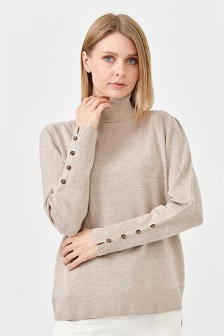 KOL UCU YIRTMAÇLI BEJ KADIN KAZAK 22330-TB-2K5