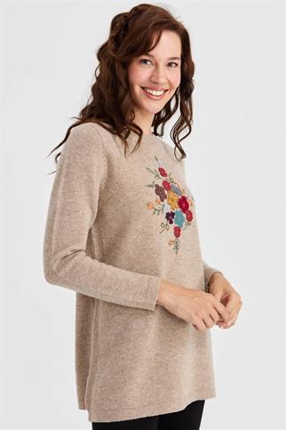 SIFIR YAKA İŞLEMELİ BEJ KADIN TUNİK 23156-SY-2K5
