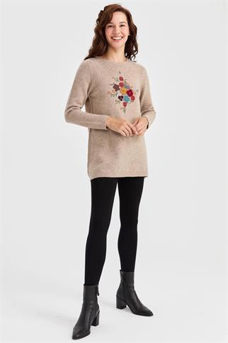 SIFIR YAKA İŞLEMELİ BEJ KADIN TUNİK 23156-SY-2K5