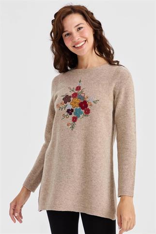 SIFIR YAKA İŞLEMELİ BEJ KADIN TUNİK 23156-SY-2K5