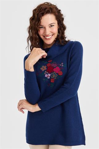 DEGAJE YAKA İŞLEMELİ İNDİGO KADIN TUNİK 23157-DY-2K5