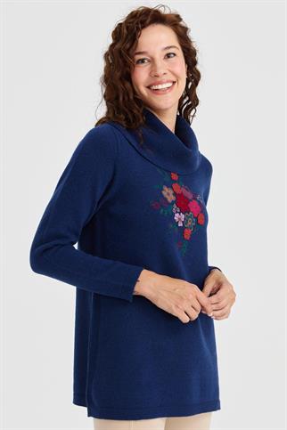 DEGAJE YAKA İŞLEMELİ İNDİGO KADIN TUNİK 23157-DY-2K5
