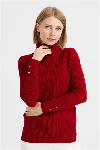 TAM BALIKÇI KOL UCU DÜĞMELİ KIRMIZI KADIN KAZAK 23159-TB-2K5