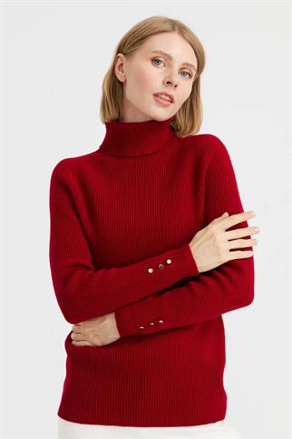 TAM BALIKÇI KOL UCU DÜĞMELİ KIRMIZI KADIN KAZAK 23159-TB-2K5