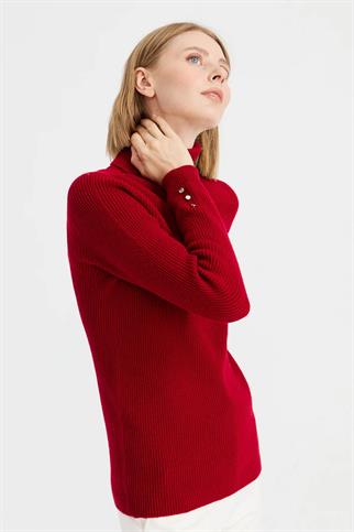 TAM BALIKÇI KOL UCU DÜĞMELİ KIRMIZI KADIN KAZAK 23159-TB-2K5