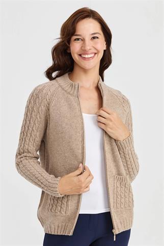 DİK YAKA KOLLARI ÖRGÜLÜ BEJ KADIN MONT 23203-DY-2K5