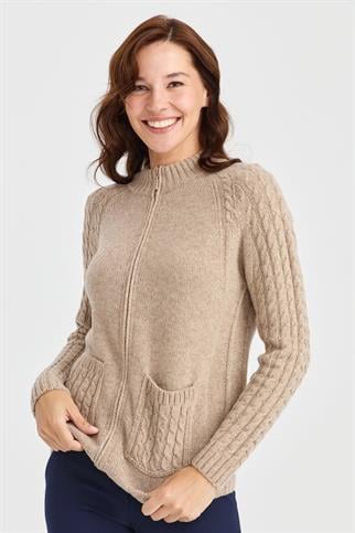 DİK YAKA KOLLARI ÖRGÜLÜ BEJ KADIN MONT 23203-DY-2K5