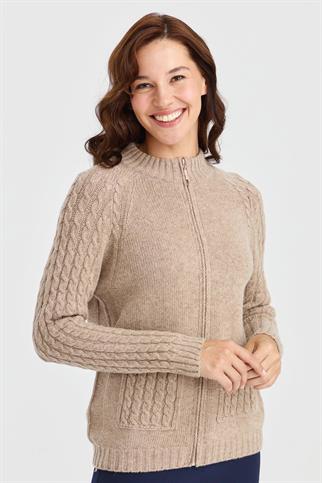 DİK YAKA KOLLARI ÖRGÜLÜ BEJ KADIN MONT 23203-DY-2K5