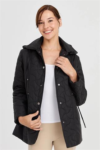 KAPÜŞONLU BELİ BAĞCIKLI SİYAH KADIN MONT  23401-2K5