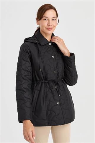 KAPÜŞONLU BELİ BAĞCIKLI SİYAH KADIN MONT  23401-2K5