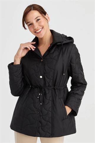 KAPÜŞONLU BELİ BAĞCIKLI SİYAH KADIN MONT  23401-2K5