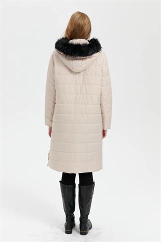 KAPÜŞONLU KÜRKLÜ UZUN BEJ KADIN MONT 23404-2K5