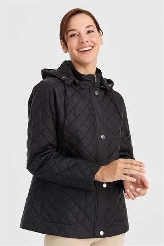 KAPÜŞONLU CEPLİ SİYAH KADIN CEKET 23405-2K5