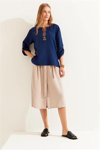 Beli Kuşaklı Önü Düğmeli Vizon  Etek 23487-2Y4