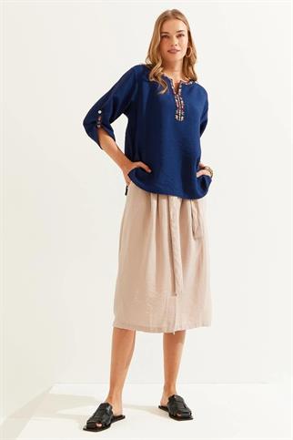 Beli Kuşaklı Önü Düğmeli Vizon  Etek 23487-2Y4