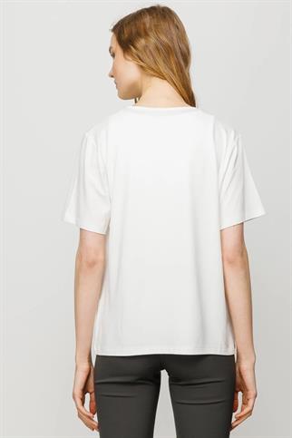 Sıfır Yaka Basic Kemik Kadın T-shirt 23786-2Y4