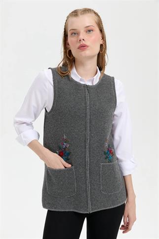 SIFIR YAKA İŞLEMELİ FÜME KADIN YELEK 24000-SY-2K5