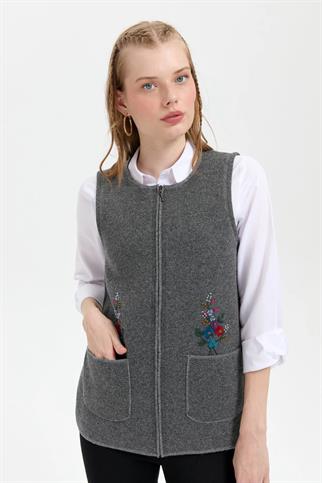 SIFIR YAKA İŞLEMELİ FÜME KADIN YELEK 24000-SY-2K5
