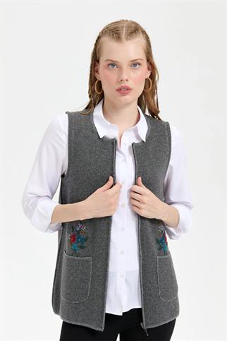 SIFIR YAKA İŞLEMELİ FÜME KADIN YELEK 24000-SY-2K5