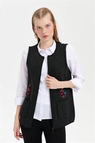 SIFIR YAKA İŞLEMELİ SİYAH KADIN YELEK 24000-SY-2K5