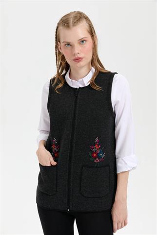 SIFIR YAKA İŞLEMELİ SİYAH KADIN YELEK 24000-SY-2K5