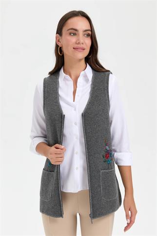 V YAKA İŞLEMELİ FÜME KADIN YELEK 24001-VY-2K5