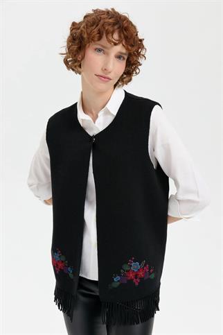 SIFIR YAKA ETEĞİ İŞLEMELİ SİYAH KADIN YELEK 24010-SY-2K5