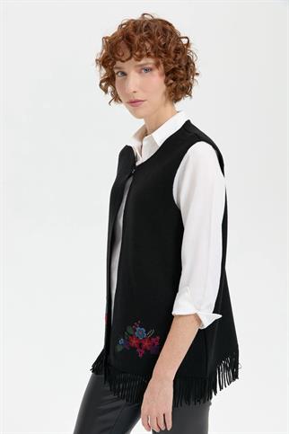 SIFIR YAKA ETEĞİ İŞLEMELİ SİYAH KADIN YELEK 24010-SY-2K5