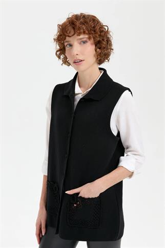 POLO YAKA DÜĞMELİ SİYAH KADIN YELEK 24014-2K5V