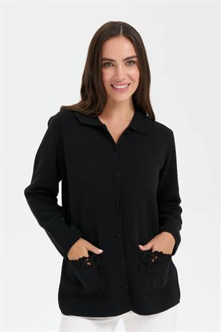 POLO YAKA GÜL İŞLEMELİ SİYAH KADIN CEKET 24015-PY-2K5