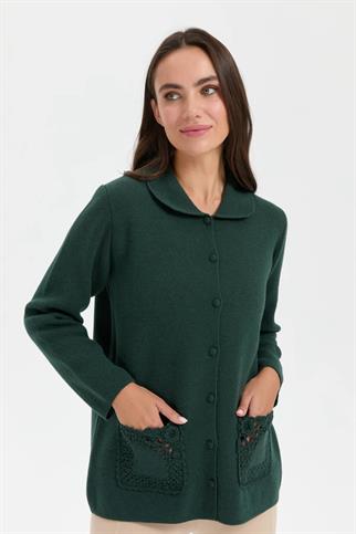 POLO YAKA GÜL İŞLEMELİ YEŞİL KADIN CEKET 24015-PY-2K5
