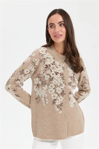 DİK YAKA ÇİÇEKLİ BEJ KADIN KABAN 24019-DY-2K5