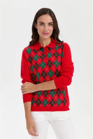 POLO YAKA BAKLAVALI MERCAN KADIN KAZAK 24037-PY-2K5