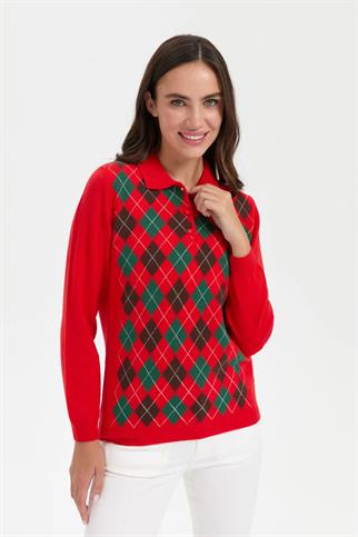 POLO YAKA BAKLAVALI MERCAN KADIN KAZAK 24037-PY-2K5