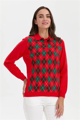 POLO YAKA BAKLAVALI MERCAN KADIN KAZAK 24037-PY-2K5