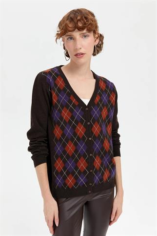 V YAKA ÖNÜ BAKLAVA DESENLİ KAHVE KADIN CEKET 24040-VY-2K5