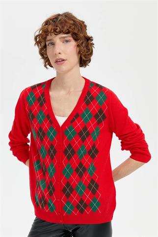 V YAKA ÖNÜ BAKLAVA DESENLİ MERCAN KADIN CEKET 24040-VY-2K5