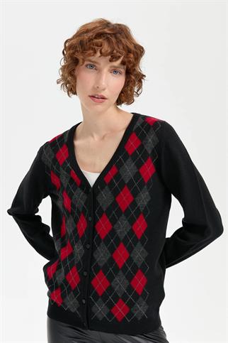 V YAKA ÖNÜ BAKLAVA DESENLİ SİYAH KADIN CEKET 24040-VY-2K5