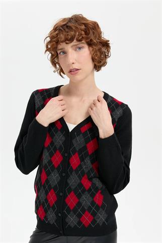 V YAKA ÖNÜ BAKLAVA DESENLİ SİYAH KADIN CEKET 24040-VY-2K5