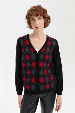 V YAKA ÖNÜ BAKLAVA DESENLİ SİYAH KADIN CEKET 24040-VY-2K5